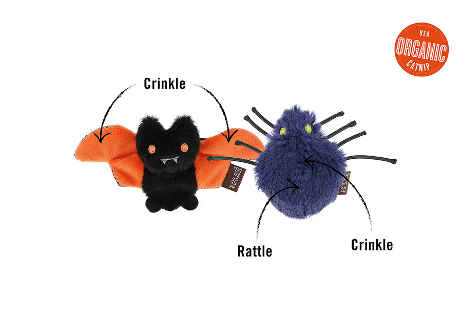 P.L.A.Y. Feline Frenzy Halloween Toy Collection - bat and spider toys with features shown