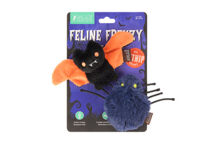 P.L.A.Y. Feline Frenzy Halloween Toy Collection - Bat & Spider on backer card packaging