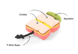 P.L.A.Y. x Earth Rated Montreal Munchies Collection - Montreal Smoked Meat Sandwich Dog Toy - Features Info
