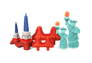 Totally Touristy Dog Toy Collection by P.L.A.Y. in Small & Large Toy Sizes Shown