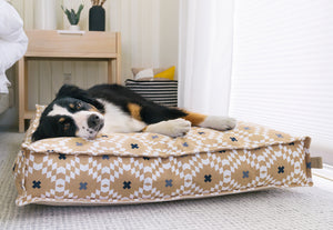 Dog laying on Marina Boxy Bed in Sand print side up
