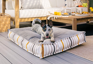 Cute puppy laying on Seaside Boxy Bed in Oyster Gray with solid side up outside