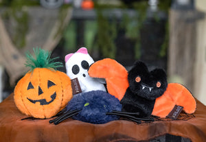P.L.A.Y. Feline Frenzy Halloween Toy Collection - pumpkin, ghost, spider and bat toys shown