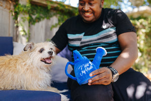 Blooming Buddies Collection by P.L.A.Y. Waggin' Watering Can Toy being presented to dog by dog dad