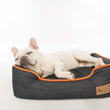 Load image into Gallery viewer, Urban Denim Lounge Bed by P.L.A.Y. with Mandarin Trim with sweet white Frenchie sleeping in it
