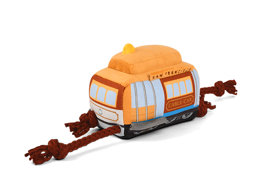 P.L.A.Y. Canine Commute San Pup-cisco Cable Car - GIF showing how rope tracks on the toy pull back and forth for more interactive play