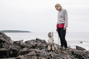 P.L.A.Y.'s Explorer Pack in Lava Red being worn by a woman on the beach with her dog