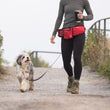 Load image into Gallery viewer, P.L.A.Y.&#39;s Explorer Pack in Lava Red being worn around the waist of a woman holding her coffee and using hands-free leash feature while on a walk with her dog
