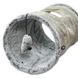 Load image into Gallery viewer, P.L.A.Y. Feline Frenzy Purr &amp; Pounce Cat Tunnel - Savannah Ash Gray colorway shown with dangling mouse toy hanging from the top
