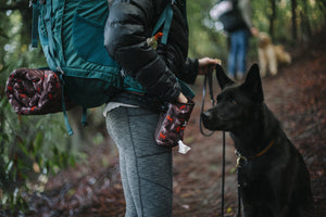 Scout & About Deluxe Training Pouch - Original Mocha Print on human's waist giving treats to black dog on trail