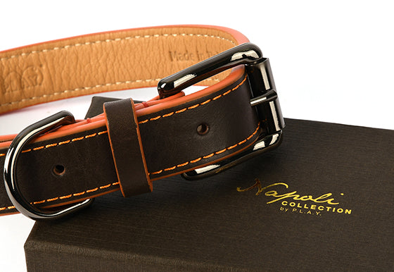 Napoli Collars by P.L.A.Y. - orange and brown collar fastened on fancy brown gift box