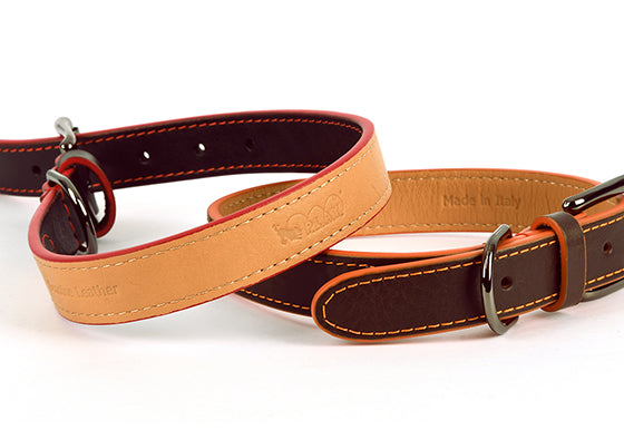 Napoli Collars by P.L.A.Y. - orange and brown collar front and back shown with "made in Italy" imprint visible