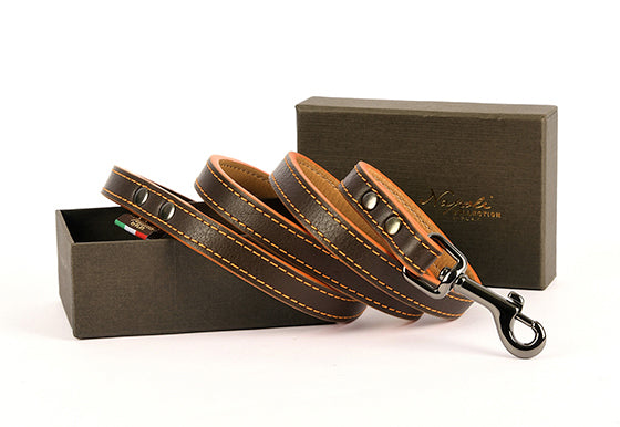 Napoli Leashes by P.L.A.Y. - orange and brown leash in fancy brown gift box