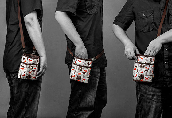 Scout & About Deluxe Training Pouch - Original Vanilla Print being modeled three different wearable ways by human
