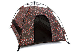 Scout & About Outdoor Dog Tent by P.L.A.Y. -  Mocha colorway with whimsical dog print shown
