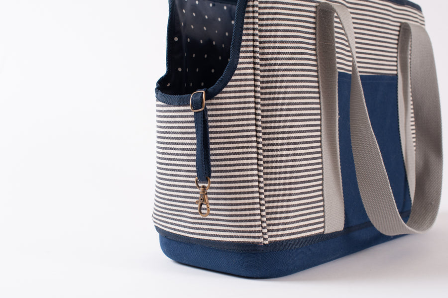 LeftPine x P.L.A.Y. Navy Striped Dog Carrier close up of built-in dog leash