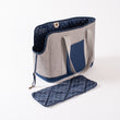 Load image into Gallery viewer, LeftPine x P.L.A.Y. Navy Striped Dog Carrier with interior pad removed and built-in leash showing
