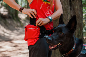 P.L.A.Y.'s Explorer Pack in Lava Red human placing cell phone into zippered pouch while on a hike with her beautiful black dog